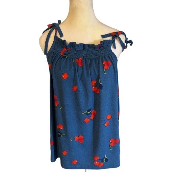 Modcloth Tank Top Womens Medium Blue Cherry Bomb Print Coquette 90 Kidcore Retro - Picture 14 of 14